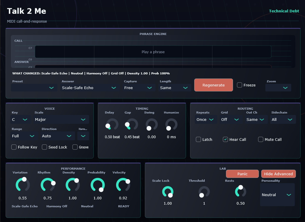 Talk 2 Me MIDI call-and-response plugin interface
